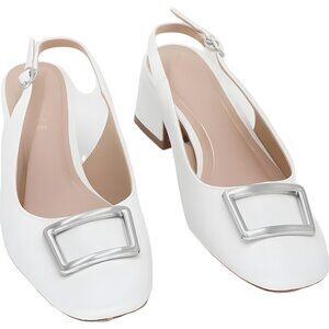 Journee Collection Everlee White Slingback Heels with Buckle US 6.5M
